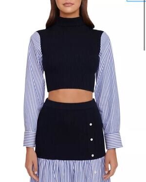 STAUD Louisa Blue Mixed Media Cropped Merino Wool Sweater Top Small NEW